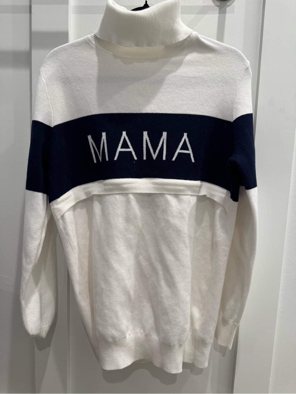 Seraphine White and Navy 'MAMA' Turtleneck Sweater Size Medium